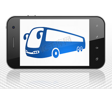 公交车背景摄影照片_旅游理念：带公交车的智能手机展出