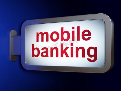 蓝色背景海报手机摄影照片_货币概念：广告牌背景上的手机银行业务