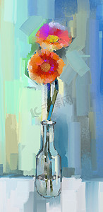 明亮的油画摄影照片_玻璃花瓶中红色非洲菊花的油画静物