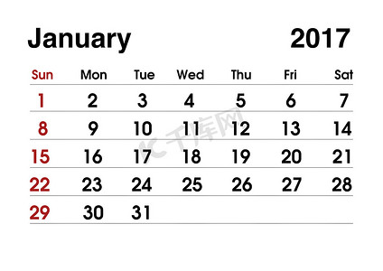 2017 年日历。2017 年 1 月的规划日历。
