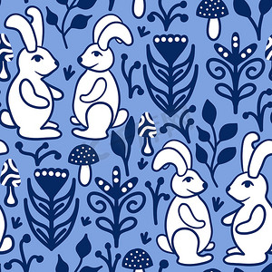 手绘花装饰图案摄影照片_手绘无缝图案与兔子在蓝色背景上。