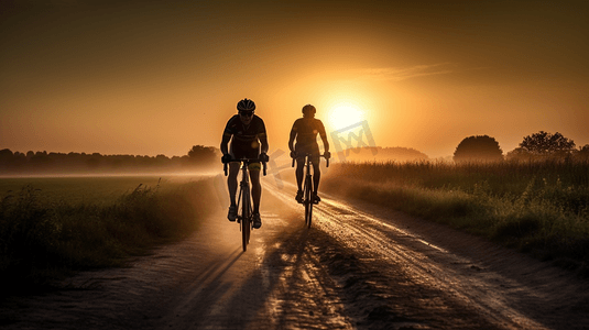 骑自行车的人在日落时骑公路
