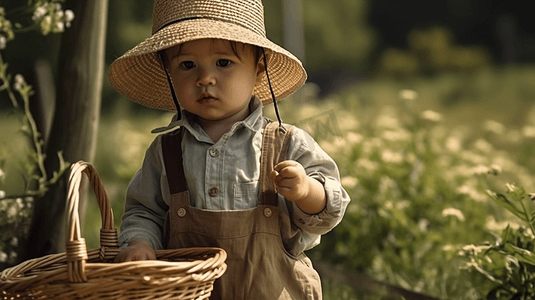 户外幼儿的肖像农村场景,岁的小男孩戴着草帽野餐篮