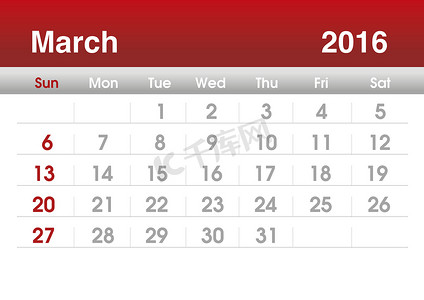 2016 年日历。2016 年 3 月的规划日历。