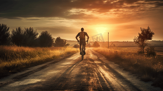 骑自行车的人在日落时骑公路