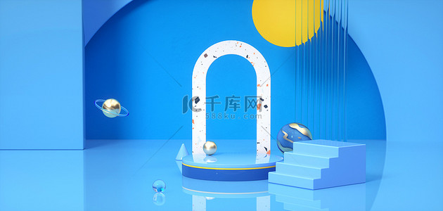 c4d产品展台背景图片_C4D几何舞台蓝色简约场景海报