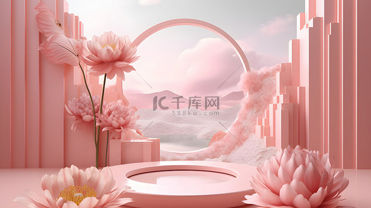 618粉色背景背景图片_电商海报粉色鲜花展台背景