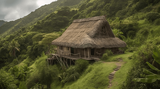 山丘上的房子摄影照片_斐济山丘和邻里上的旧传统房屋