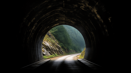 背景是一座山的黑暗隧道