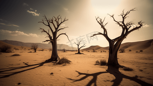沙漠枯树摄影照片_沙漠中央的两棵枯树