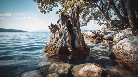水体摄影照片_白天靠近水体的棕色树干