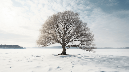 白天，白雪覆盖的地面上靠近水体的无叶树