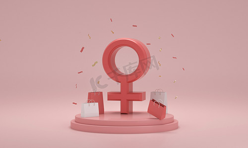 闪闪金星摄影照片_粉红色背景讲台上的女性性别符号和礼品盒。