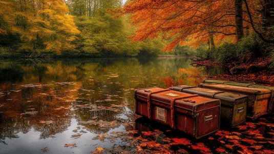 美丽多彩生机勃勃的秋景,林景湖上船坞的景观形象
