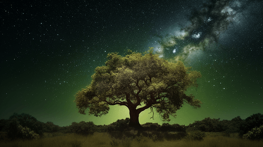 星空下的绿叶树