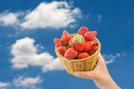 蓝天背景下篮子里的草莓