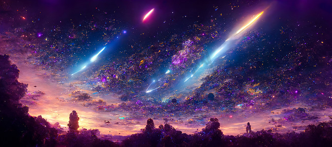 以恒星、彗星和星云为主题的宇宙生命起源的抽象插图