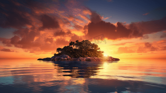 大海上的夕阳，远处有一个小岛