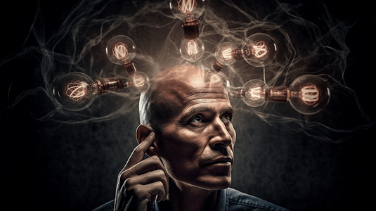 肖像商人与头上的灯泡灵感和创新相适应以便成功思考和创意智慧远见