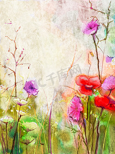 粉色花瓣元素装饰摄影照片_抽象的红色花朵水彩画