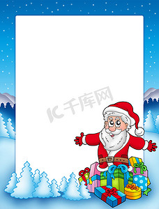 礼物盒框架摄影照片_与圣诞老人和一堆礼物的框架