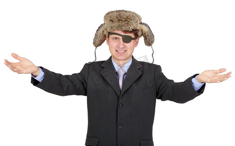 戴裘皮帽眼罩的年轻商人画像