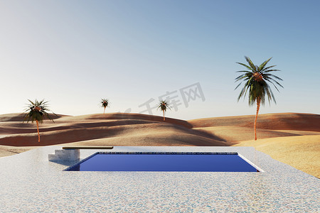 沙漠全景与棕榈树和游泳池，3d 渲染