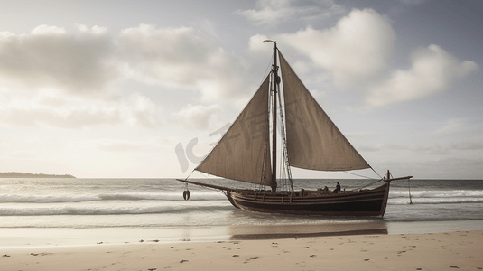 白天下海滩上的棕色帆船