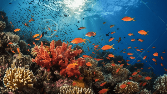 潜水红海珊瑚礁有硬鱼类和阳光明媚的天空通过清洁水照光下照片丰富多彩的美丽