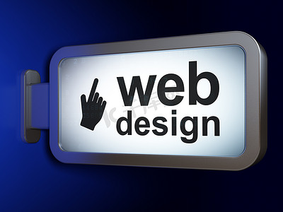 数据网页蓝色摄影照片_网页设计理念：广告牌背景上的网页设计和鼠标光标