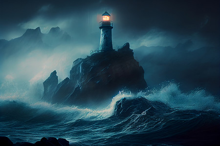 灯塔矗立在暴风雨和黑夜周围的岩石上