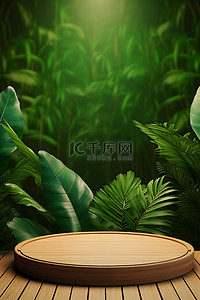 双色海报背景背景图片_电商海报木色展台自然绿色背景