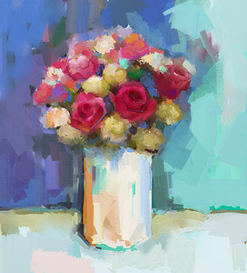玫瑰花油画摄影照片_油画花瓶中的红色和黄色玫瑰花