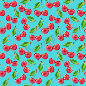 插图现实主义无缝图案浆果红樱桃与浅蓝色背景上的绿叶
