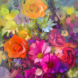 油画花卉摄影照片_油画一束玫瑰、雏菊和非洲菊花