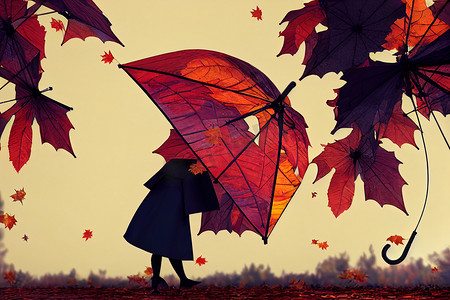 在空中和秋天的地面上的伞
