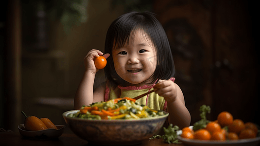 小女孩开心的吃着蔬菜沙拉