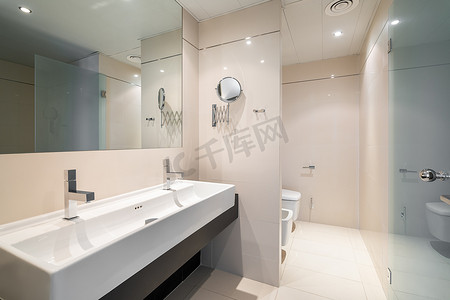 大浴室分为带大方形全身镜和长方形水槽的区域，两个水龙头嵌在墙上，带马桶和坐浴盆的区域和带玻璃隔断的淋浴区。