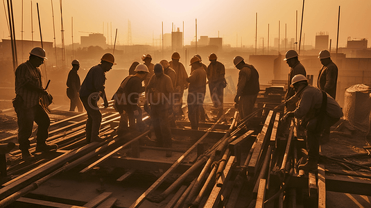 aigc劳动者摄影照片_剪影建筑工人混凝土浇筑在建筑工地商业混凝土地板和土木工程师或建筑工
