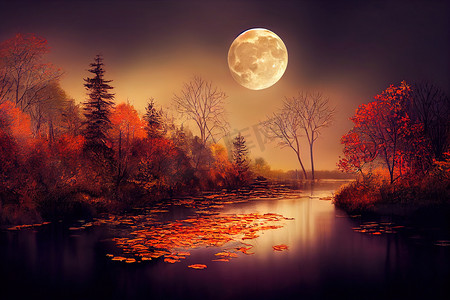 惊人的秋天风景在月光下的晚上，田园诗和