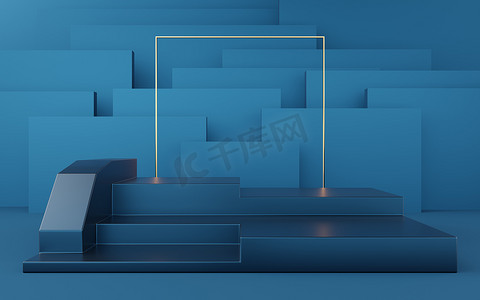 蓝色盒子背景上的空蓝色立方体讲台和金色正方形。 