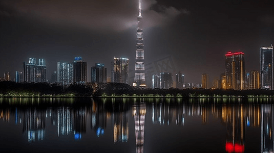 城市建筑商务背景摄影照片_广州CBD商业中心夜景科幻感摄影图片