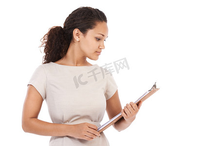 商业、阅读和女性肖像与剪贴板调查、清单或报告与模拟。