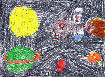 儿童绘画 - 太空、宇宙飞船、恒星和行星