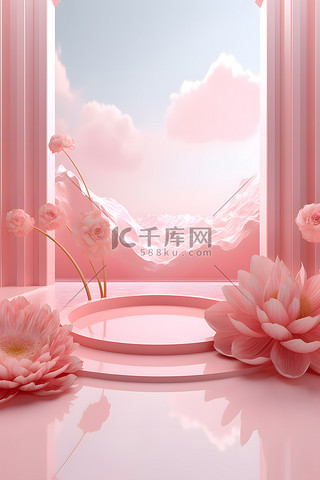 粉色背景图片_电商海报粉色鲜花展台背景