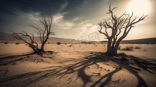 沙漠枯树摄影照片_沙漠中央的两棵枯树