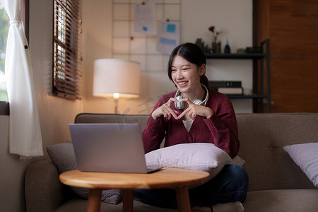 迷人的微笑年轻女子在家里的沙发上通过笔记本电脑进行视频通话。