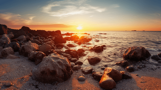 落山的太阳摄影照片_太阳正在多岩石的海滩上落山