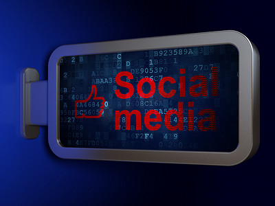 社交海报摄影照片_社交媒体概念：社交媒体和大拇指在广告牌背景