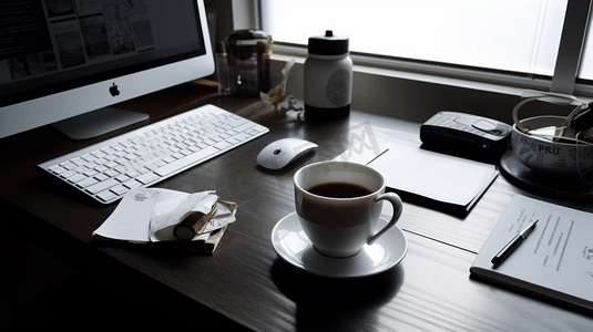 日系创意摄影照片_创意学习办公和白色桌面咖啡场景